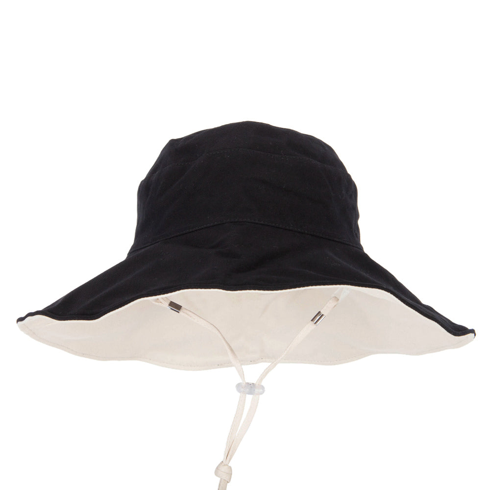 Women&#039;s Large Brim Reversible Cotton Canvas Bucket Hat - Black Beige OSFM