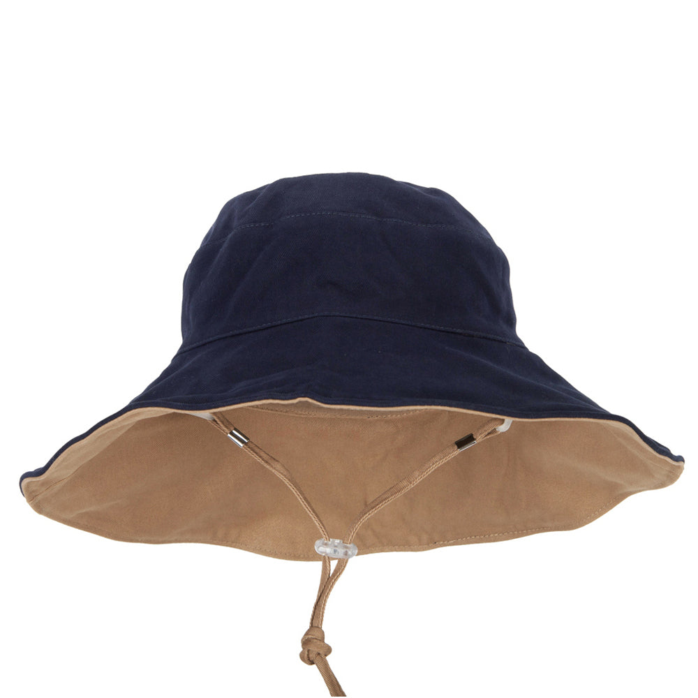 Women&#039;s Large Brim Reversible Cotton Canvas Bucket Hat - Navy Camel OSFM