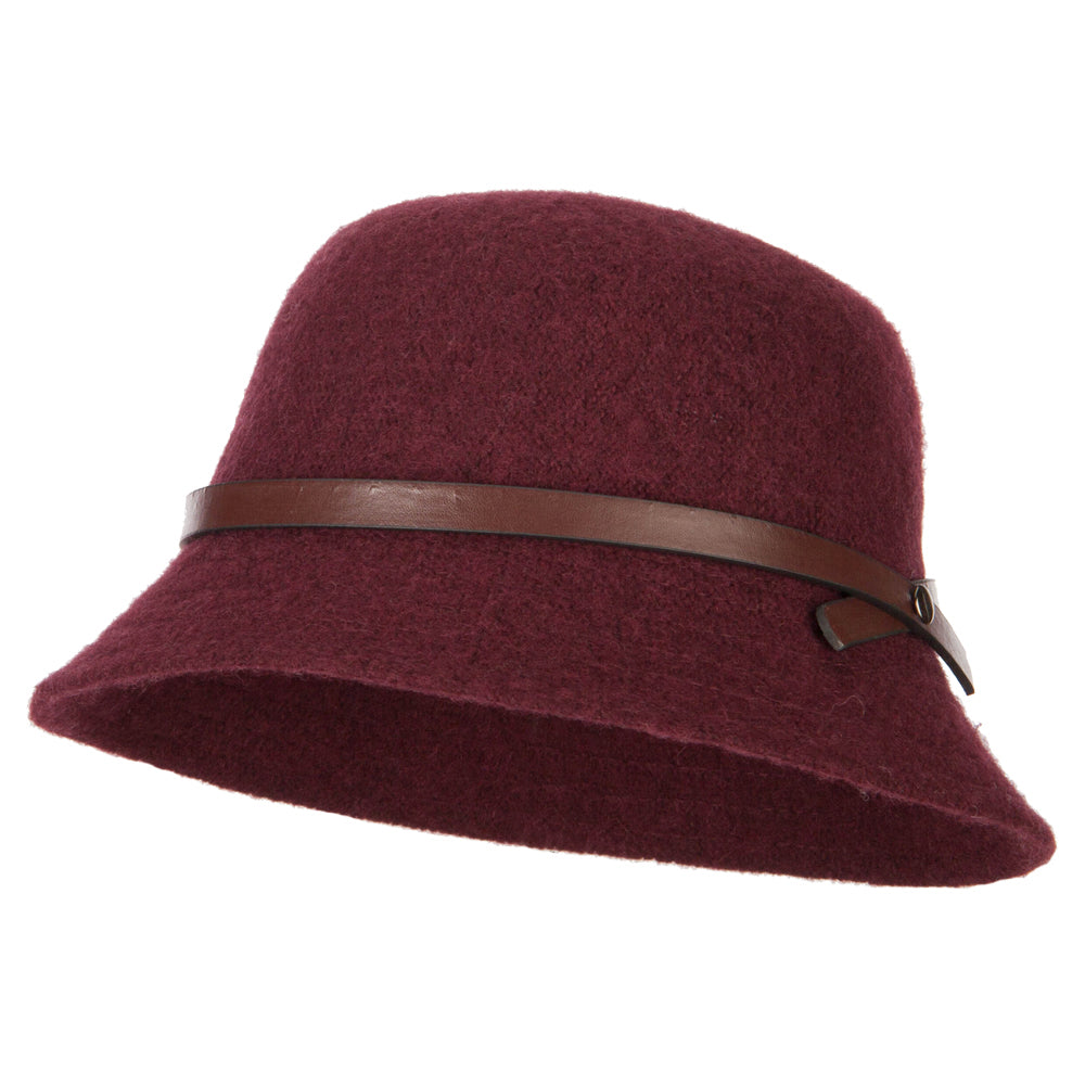 Women&#039;s Wool Leatherette Band Accented Cloche Bucket Hat - Burgundy OSFM