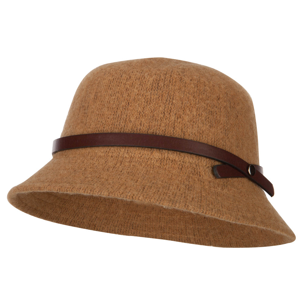 Women&#039;s Wool Leatherette Band Accented Cloche Bucket Hat - Camel OSFM