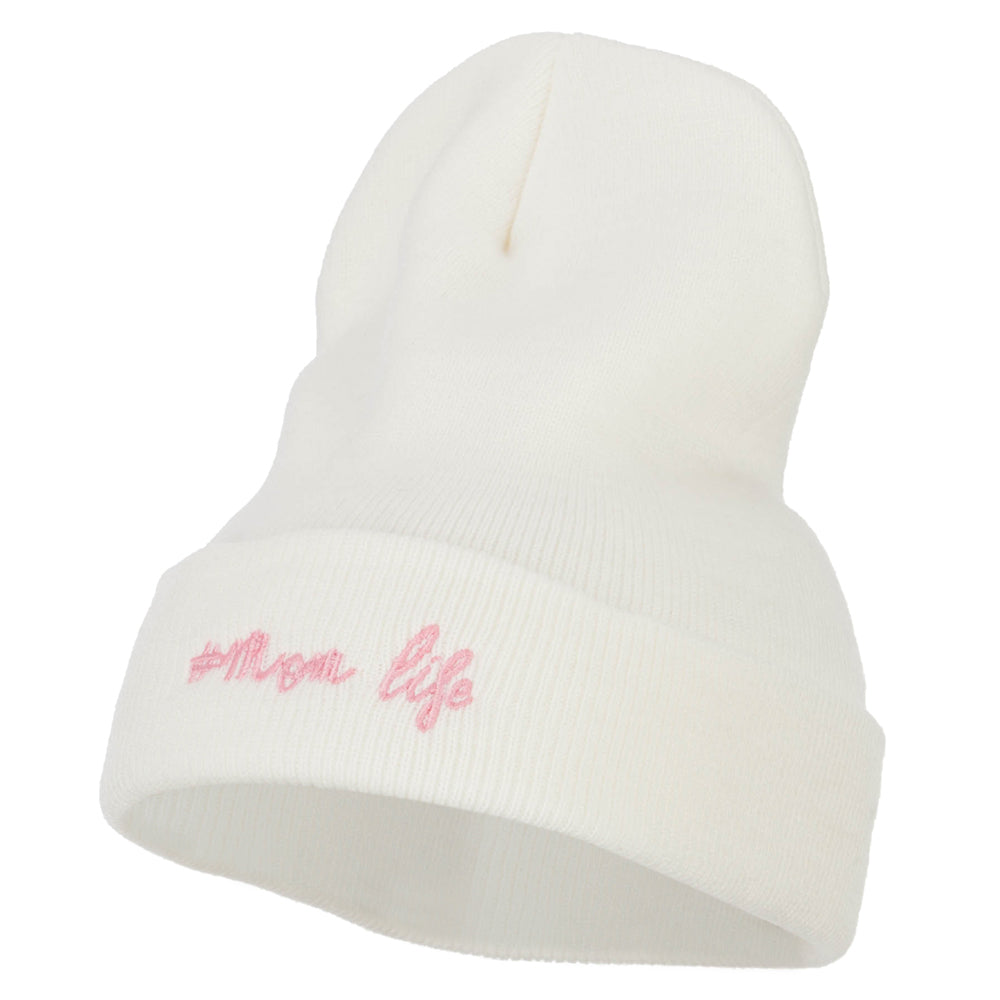 Momlife Embroidered Long Beanie - White OSFM