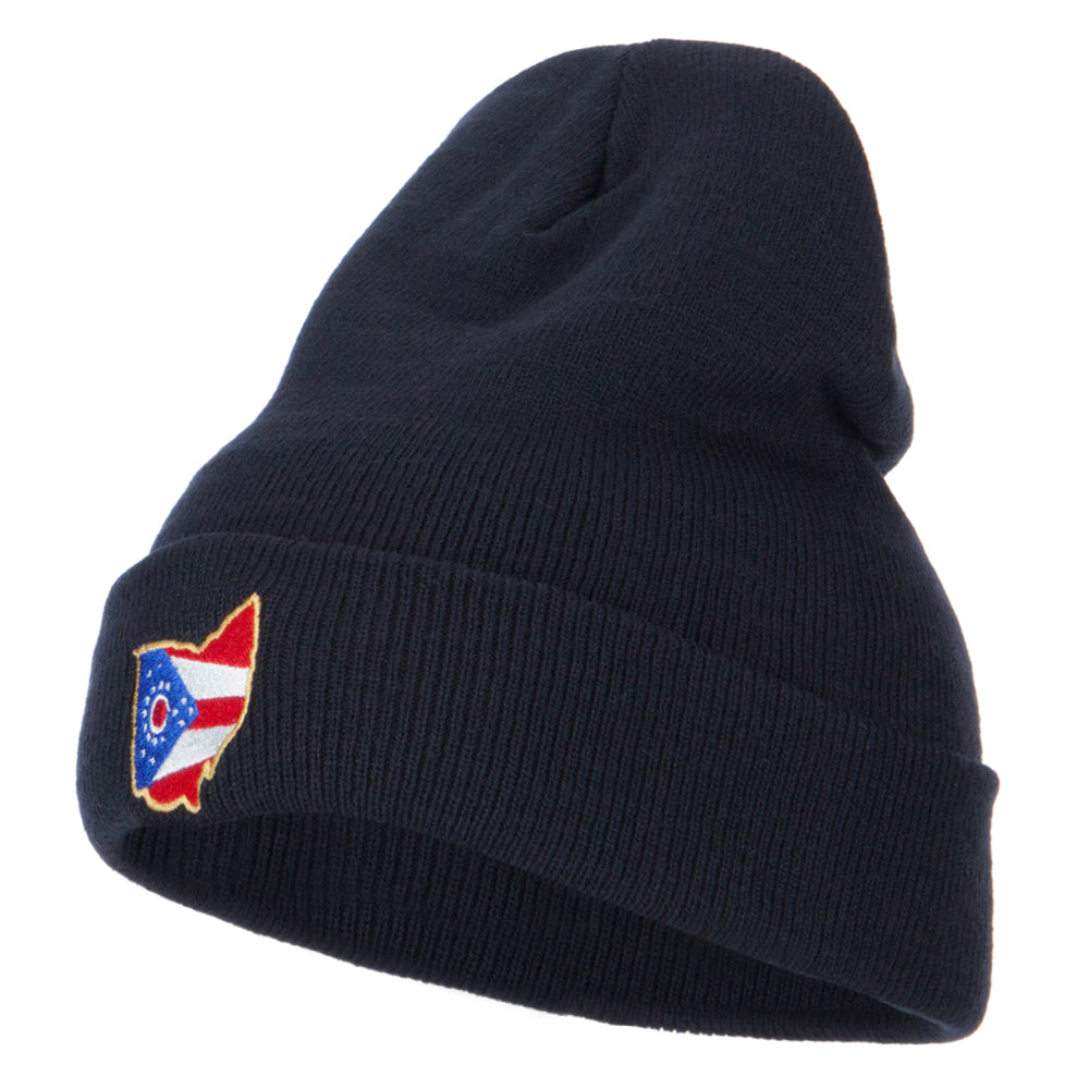 Ohio Map State Flag Embroidered Long Beanie - Navy OSFM
