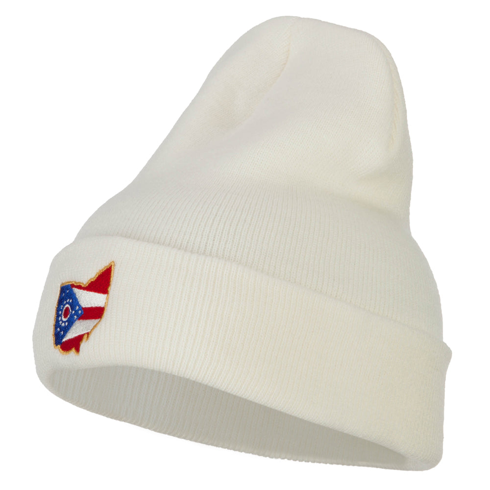 Ohio Map State Flag Embroidered Long Beanie - White OSFM