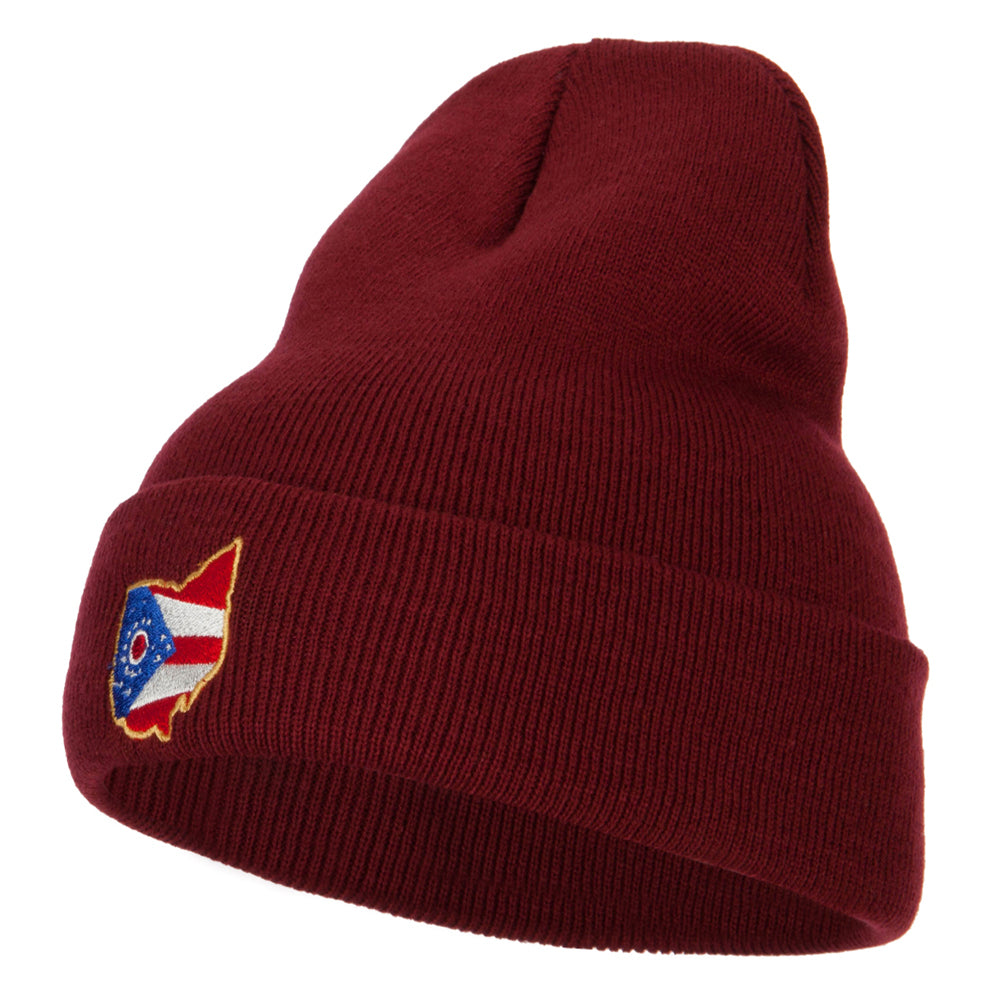 Ohio Map State Flag Embroidered Long Beanie - Maroon OSFM