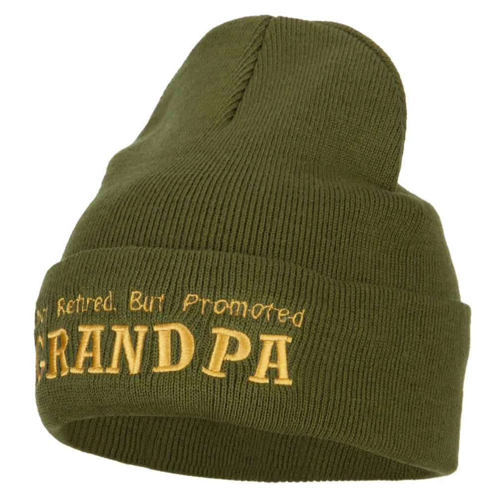 Not Retired Promoted Grandpa Embroidered Knitted Long Beanie - Olive OSFM