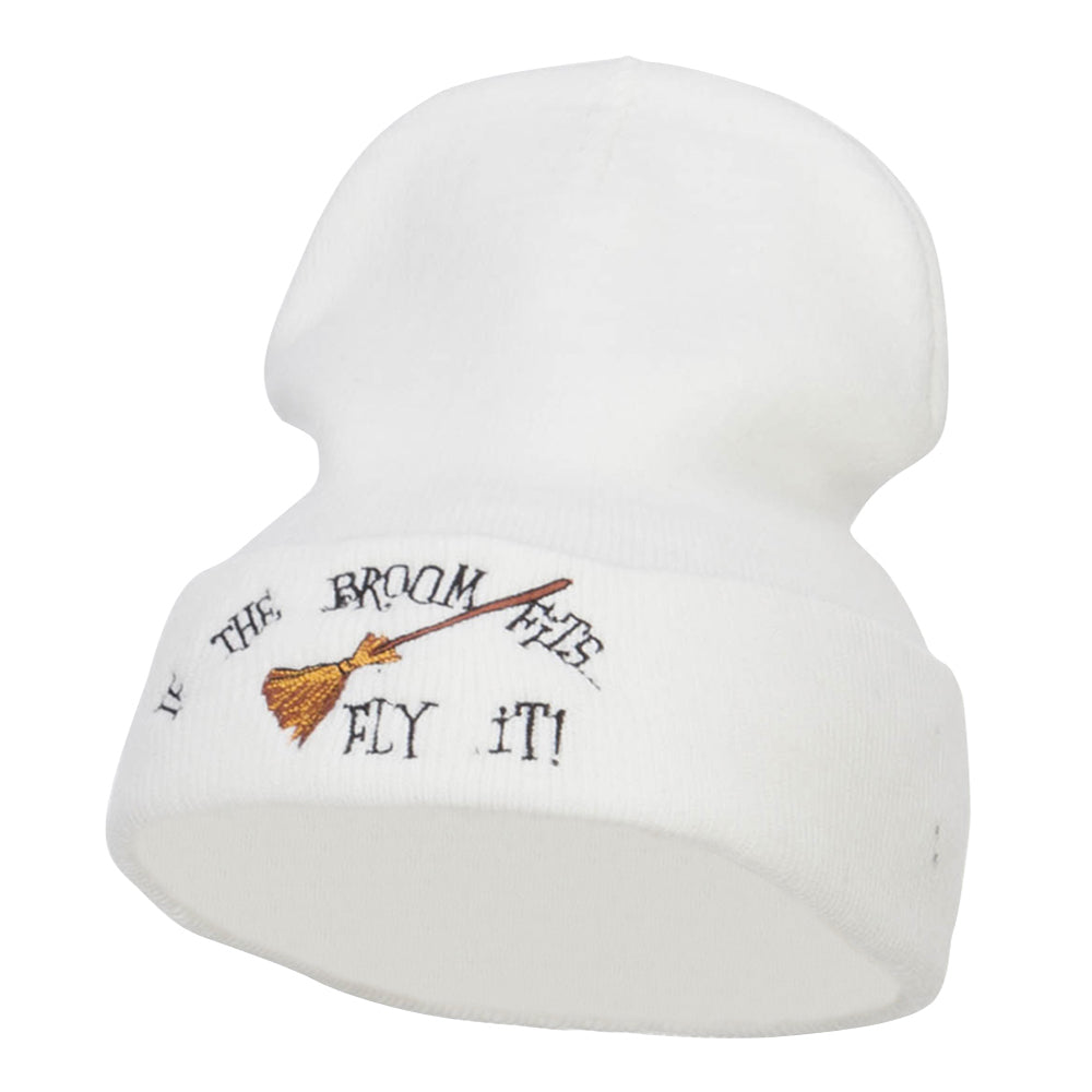 If The Broom Fits Embroidered Long Beanie - White OSFM