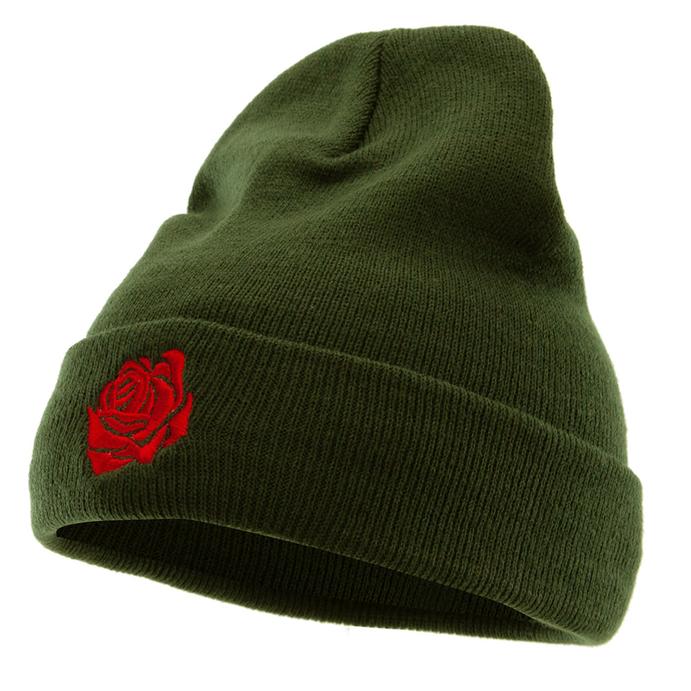 Rose Print Embroidered 12 Inch Long Knitted Beanie - Olive OSFM