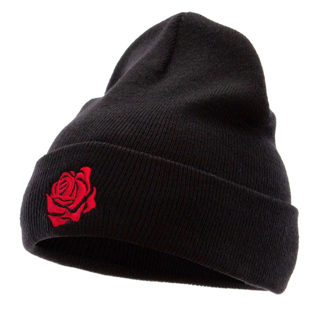 Rose Print Embroidered 12 Inch Long Knitted Beanie - Black OSFM