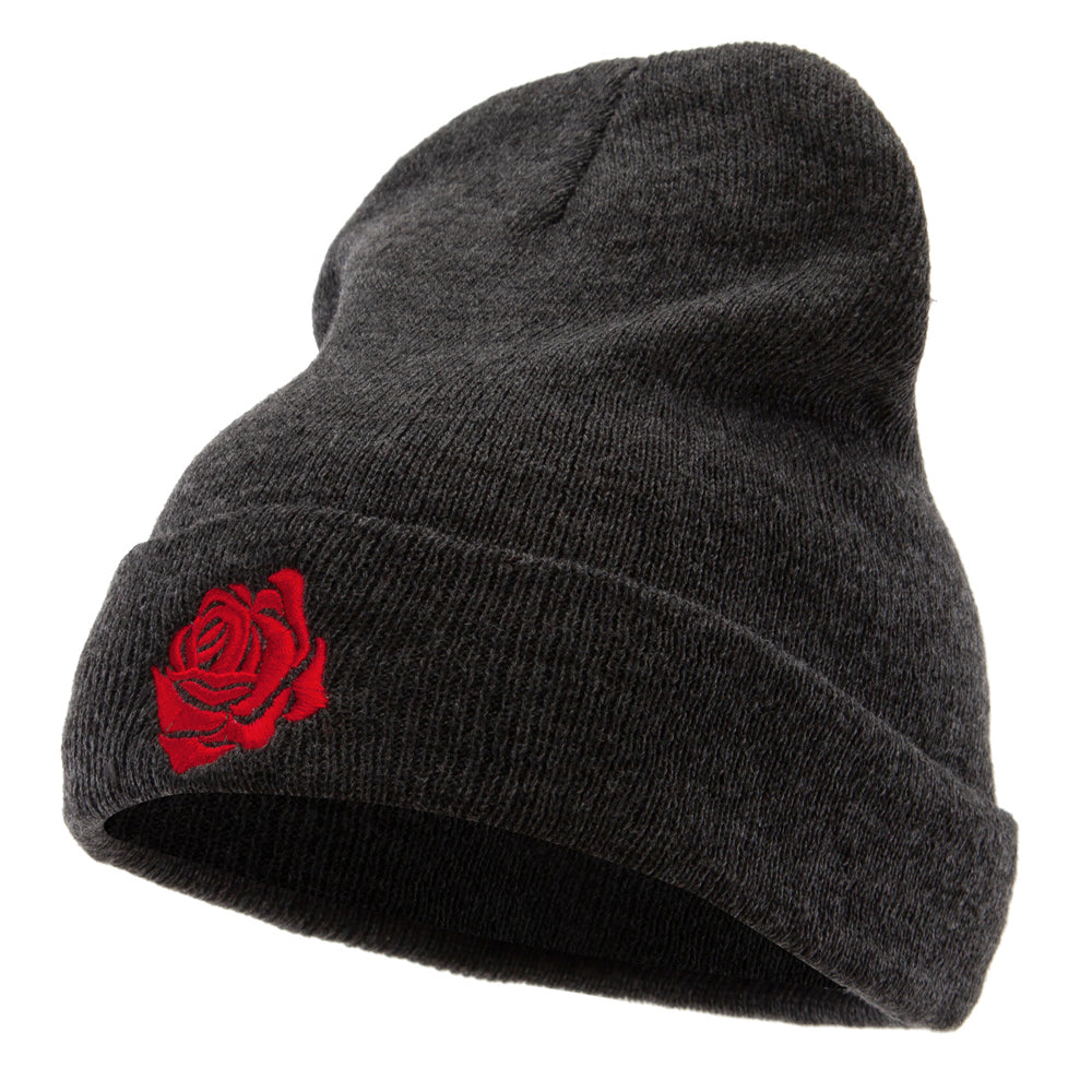 Rose Print Embroidered 12 Inch Long Knitted Beanie - Heather Charcoal OSFM
