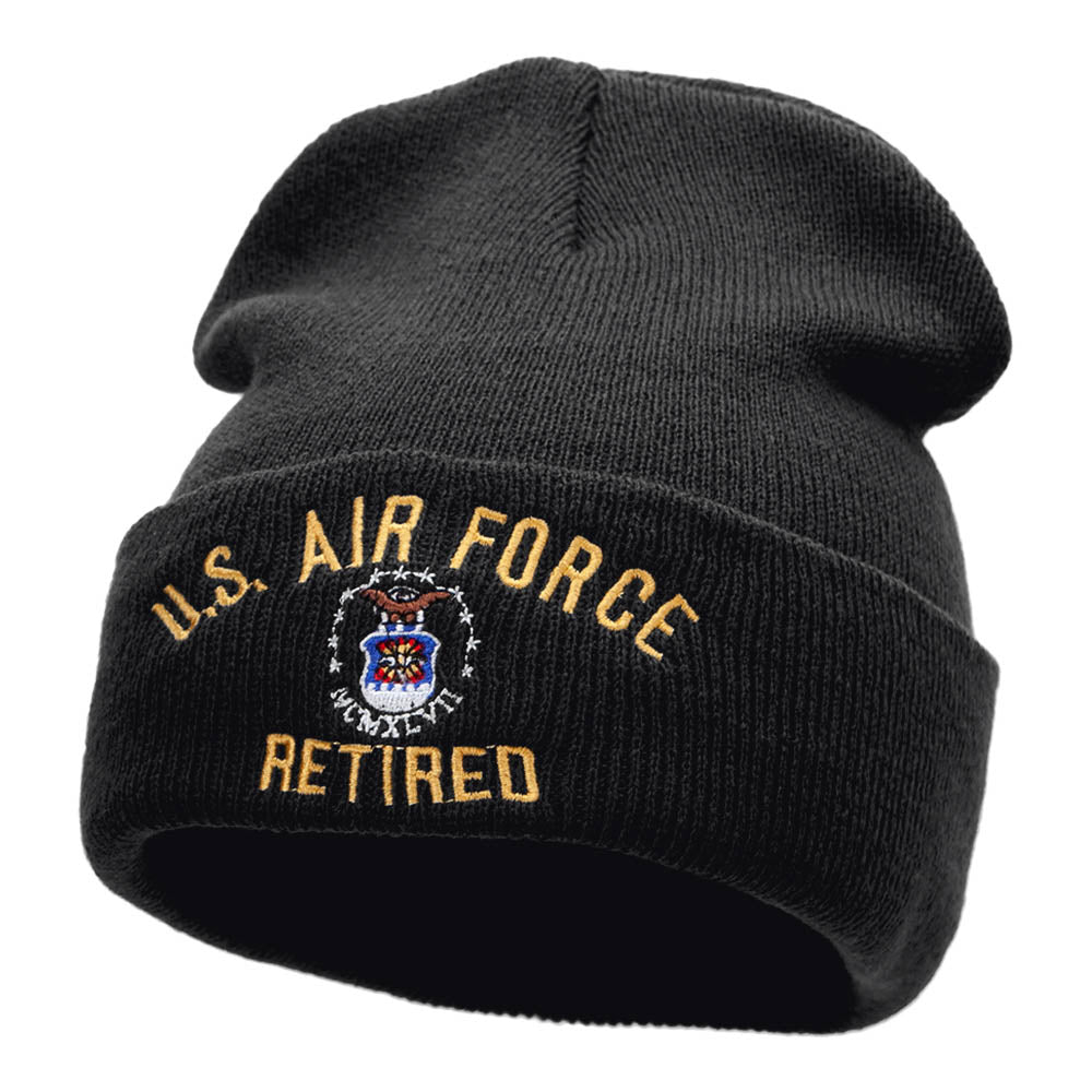 U.S. Air Force Retired Embroidered 12 Inch Long Beanie Made in USA - Black OSFM