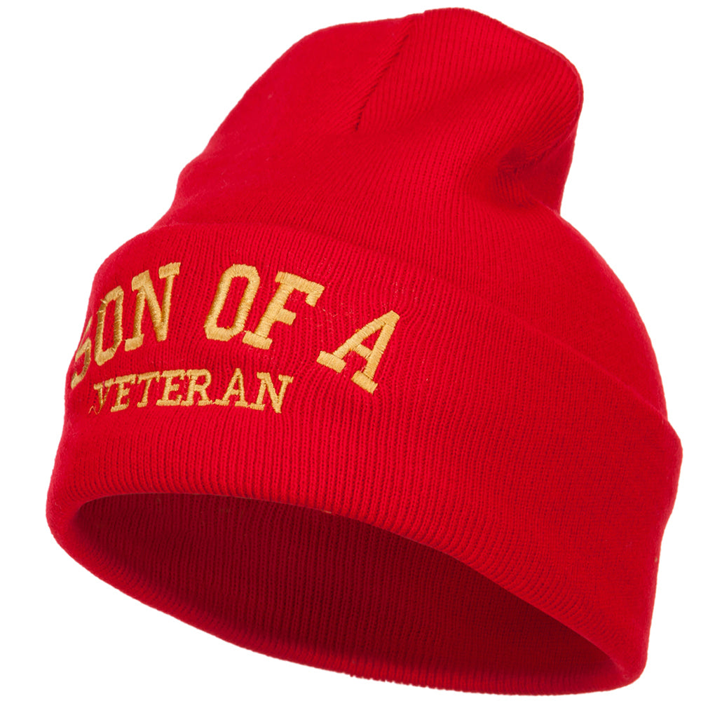Son of a Veteran Embroidered Long Beanie - Red OSFM
