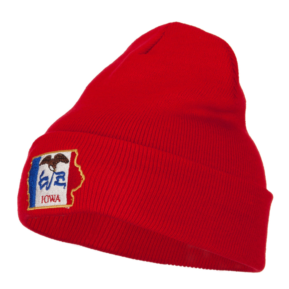 Iowa State Flag Map Embroidered Long Beanie - Red OSFM