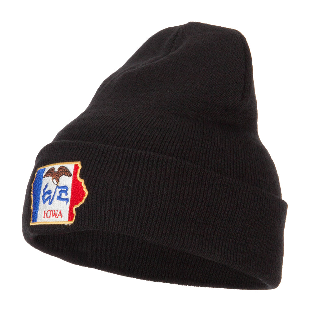 Iowa State Flag Map Embroidered Long Beanie - Black OSFM