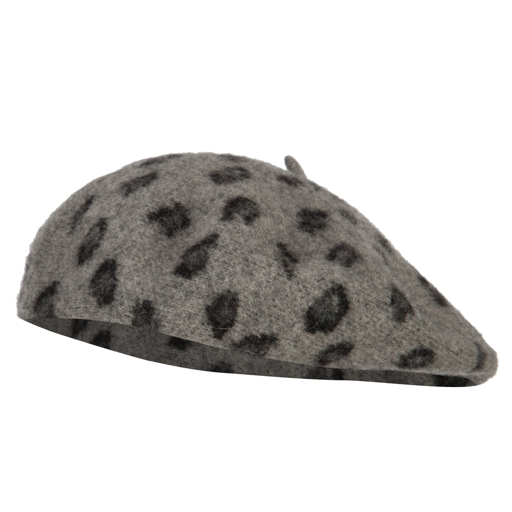 Woman&#039;s Wool Blend Animal Print Beret hat - Grey OSFM