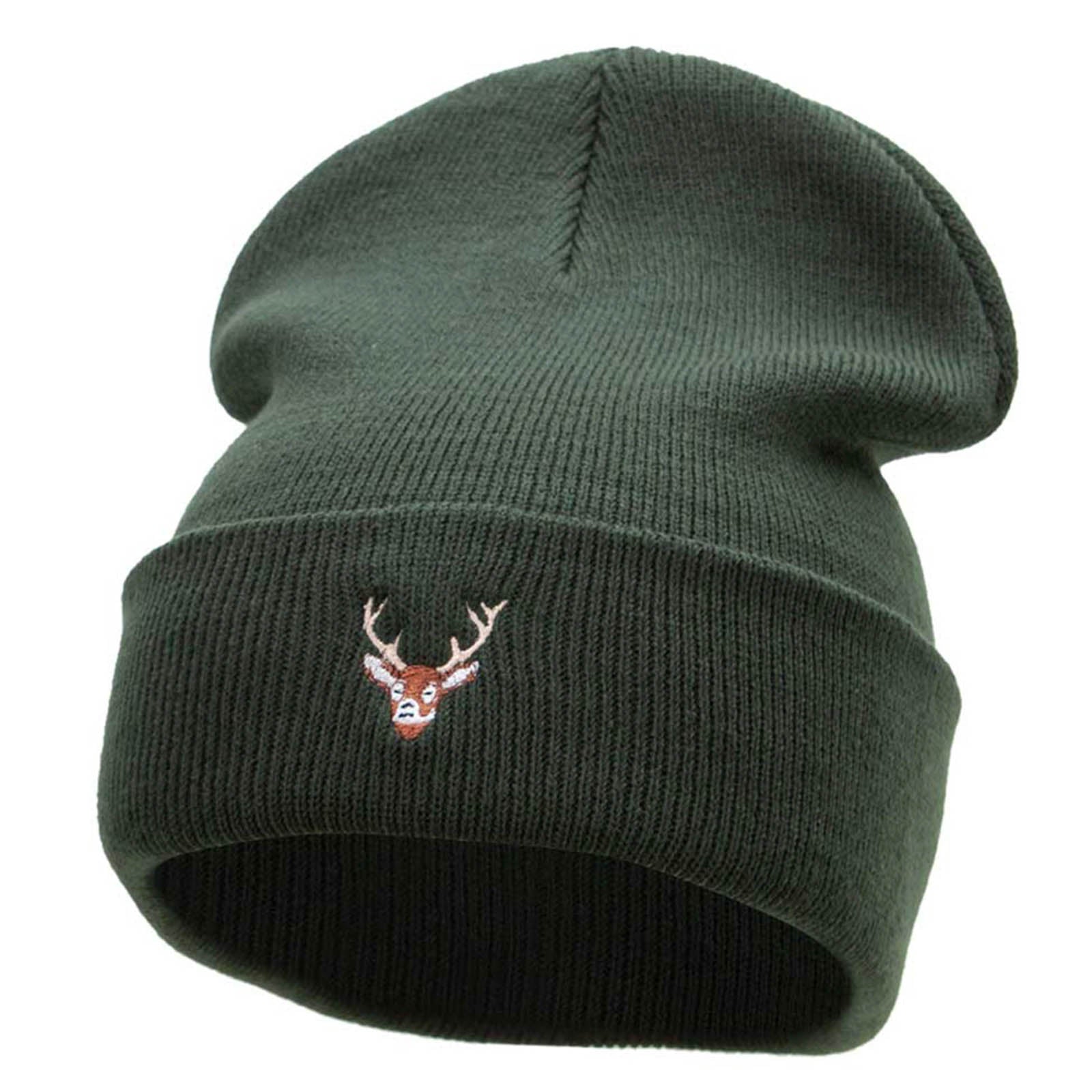 Mini Stag Embroidered 12 Inch Long Knitted Beanie - Olive OSFM