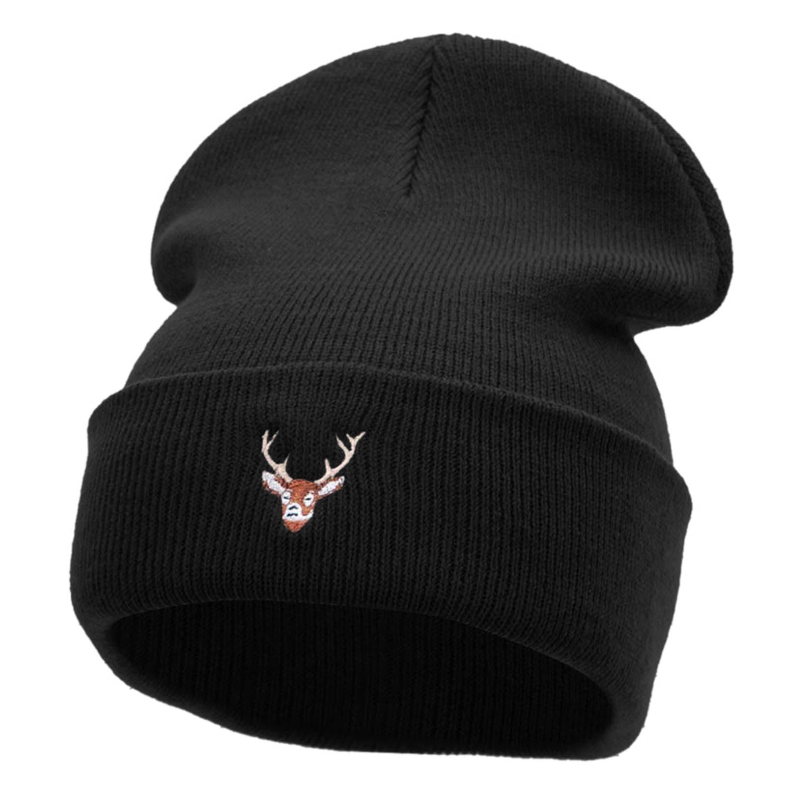 Mini Stag Embroidered 12 Inch Long Knitted Beanie - Black OSFM