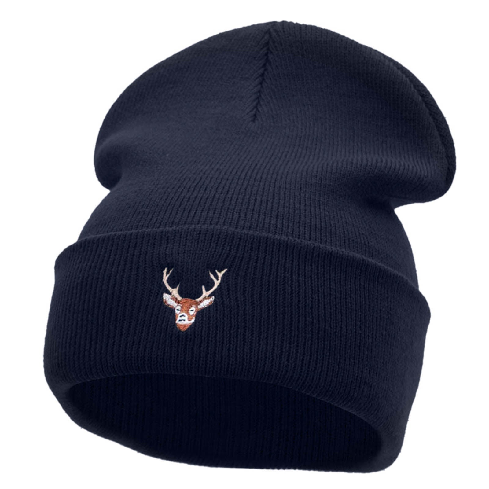 Mini Stag Embroidered 12 Inch Long Knitted Beanie - Navy OSFM