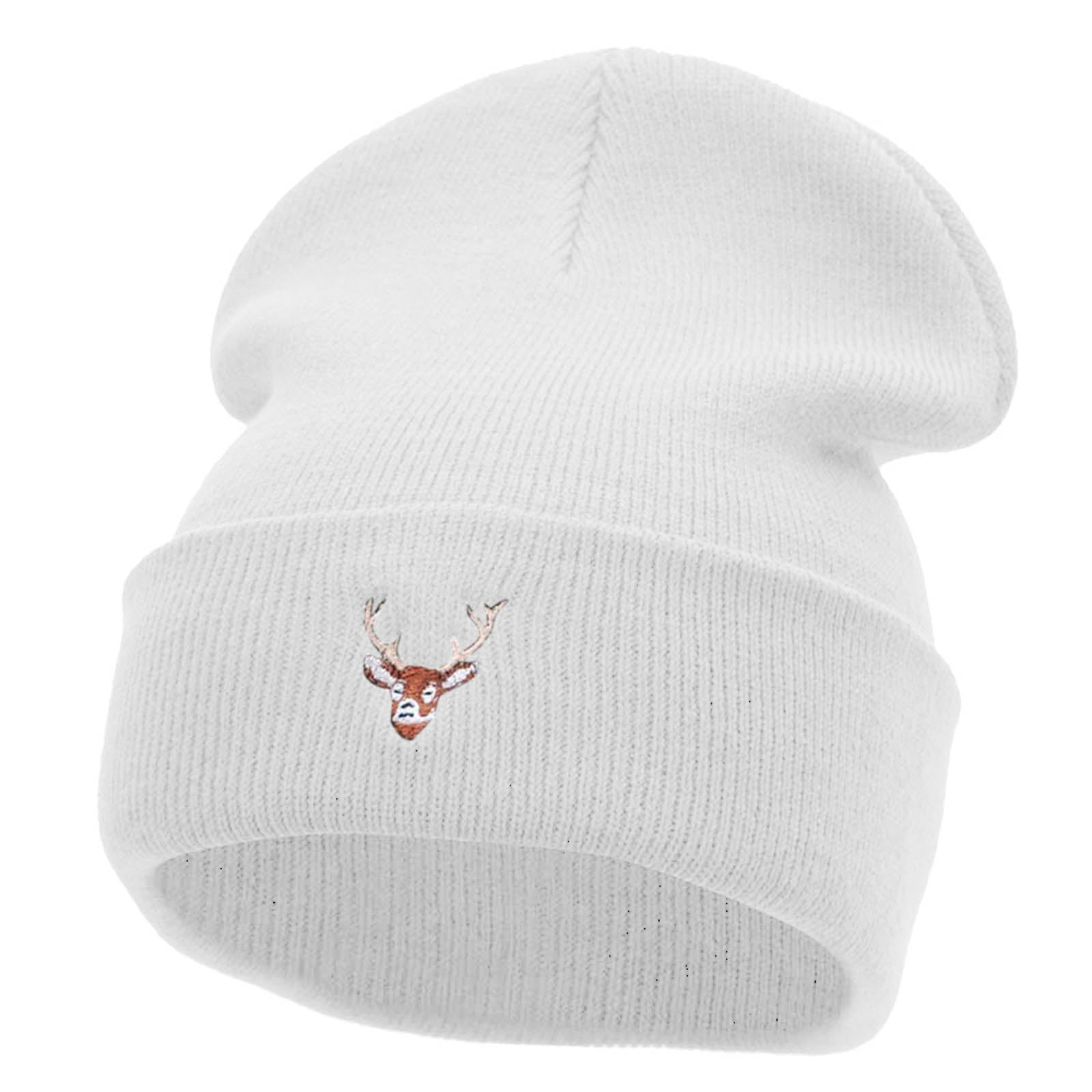 Mini Stag Embroidered 12 Inch Long Knitted Beanie - White OSFM