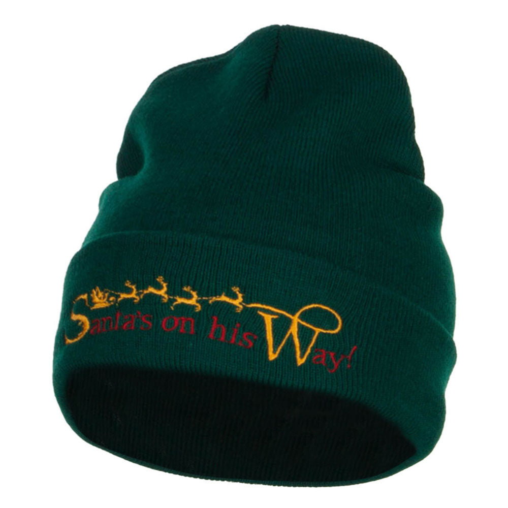 Santa&#039;s On His Way Embroidered Long Beanie - Dk Green OSFM