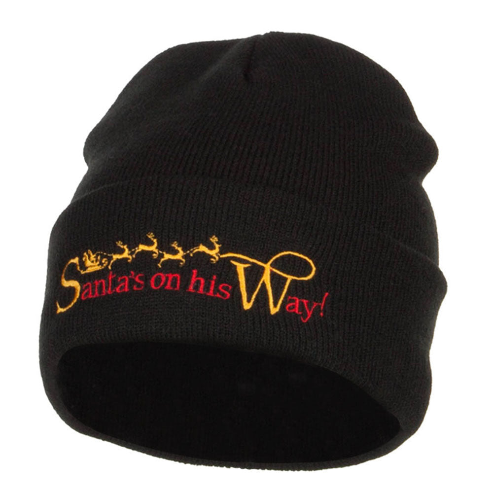 Santa&#039;s On His Way Embroidered Long Beanie - Black OSFM