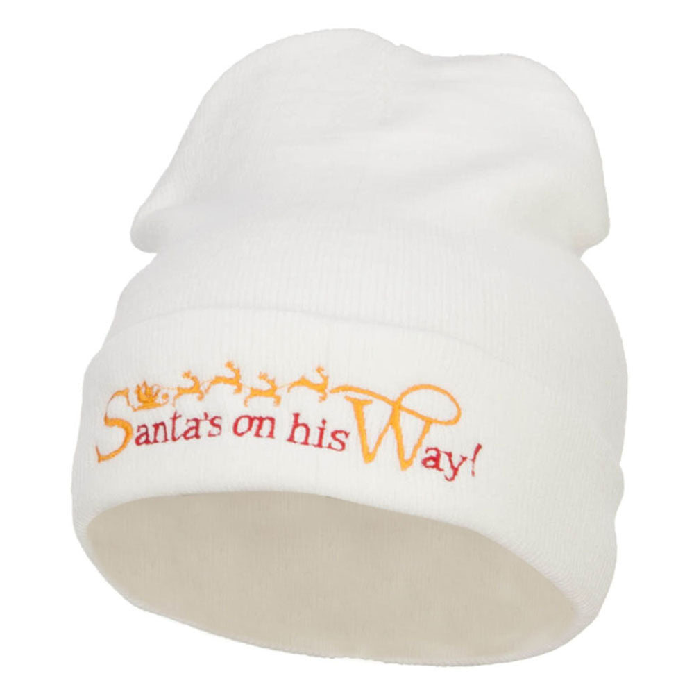 Santa&#039;s On His Way Embroidered Long Beanie - White OSFM