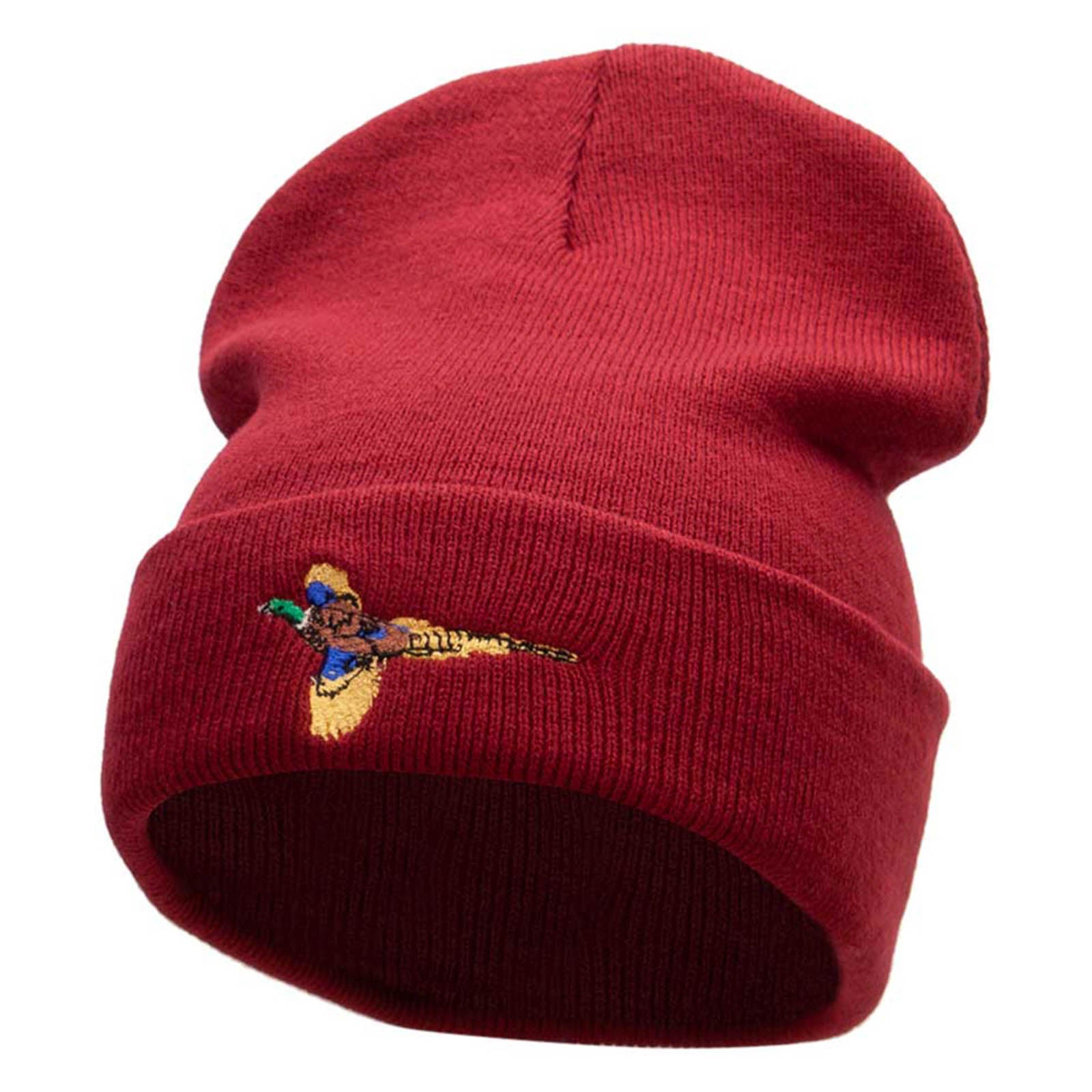 Pheasant Embroidered 12 Inch Long Knitted Beanie - Maroon OSFM