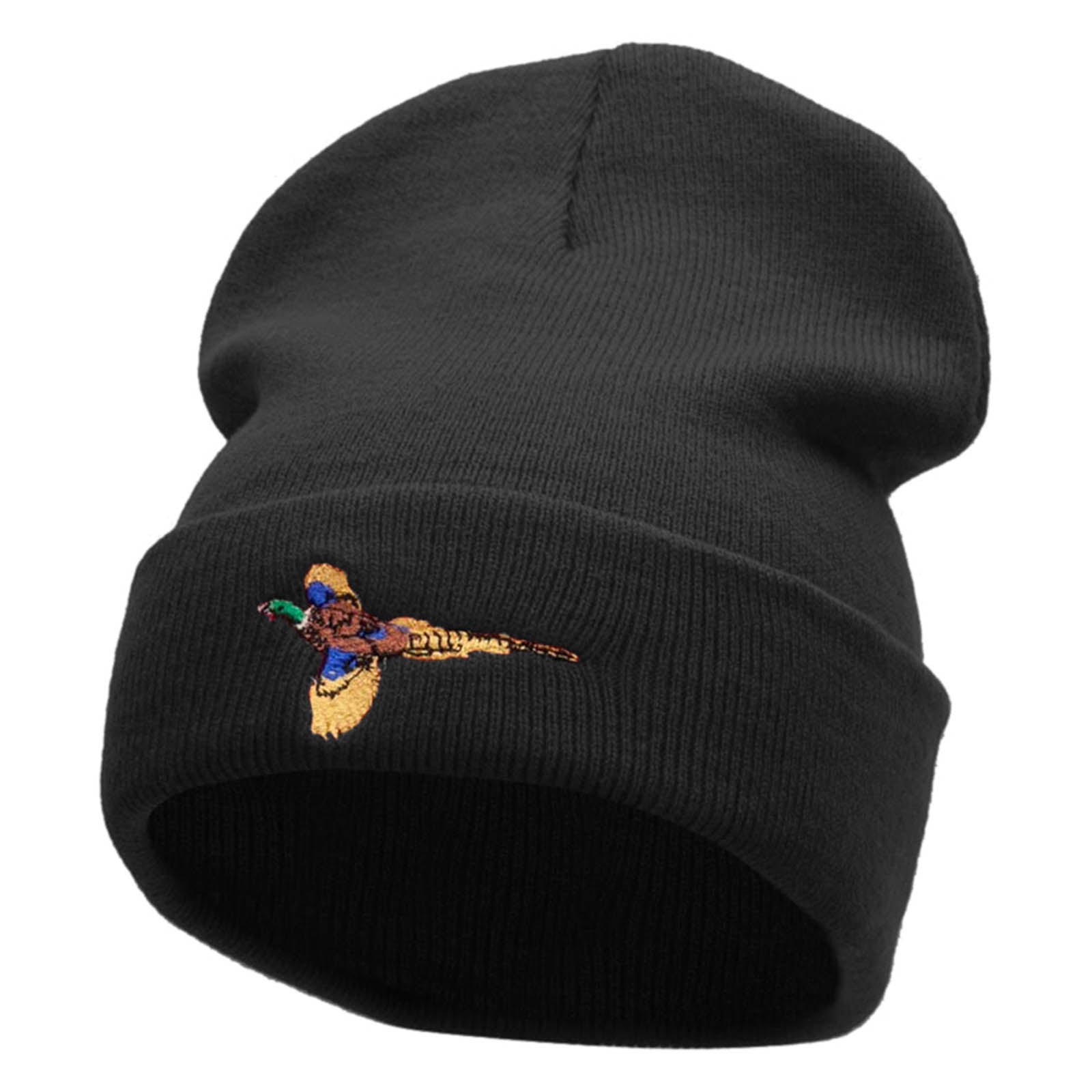 Pheasant Embroidered 12 Inch Long Knitted Beanie - Black OSFM