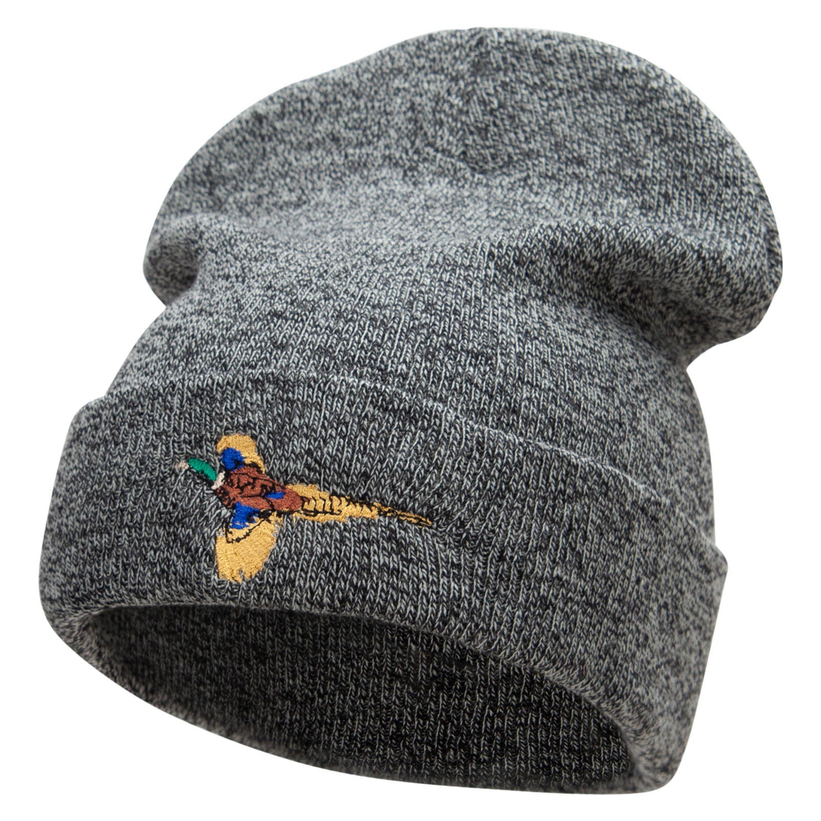 Pheasant Embroidered 12 Inch Long Knitted Beanie - Black Marled OSFM