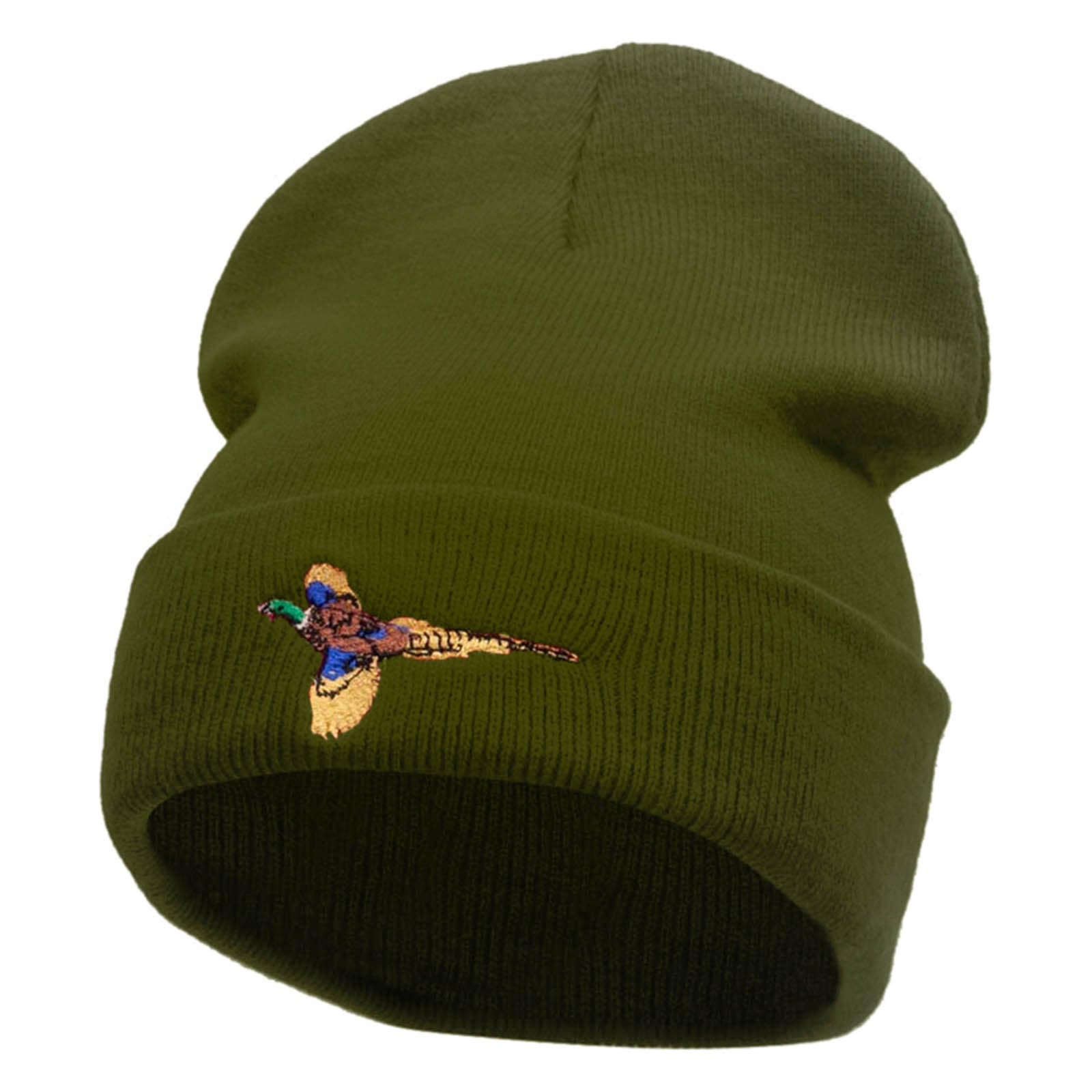 Pheasant Embroidered 12 Inch Long Knitted Beanie - Olive OSFM