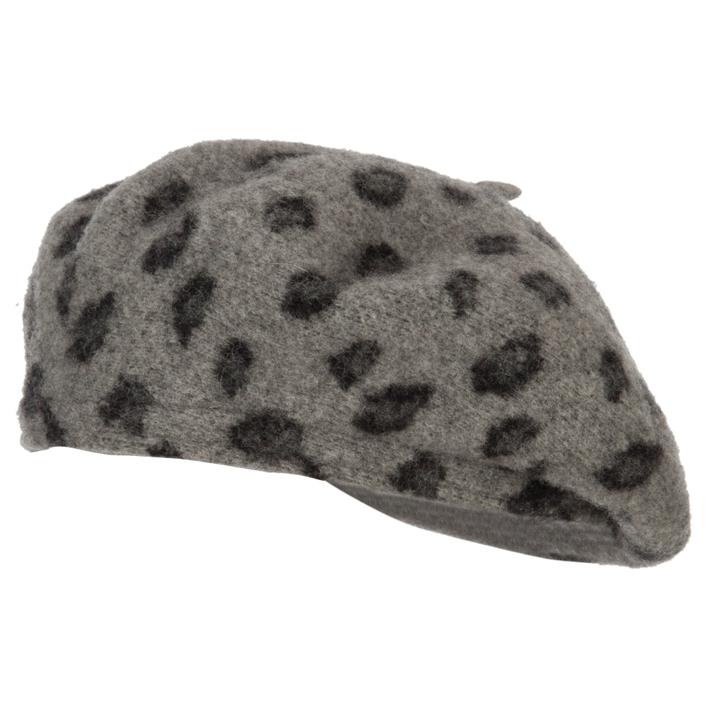 Wool Blend Beret Hat with Animal Print - Grey OSFM