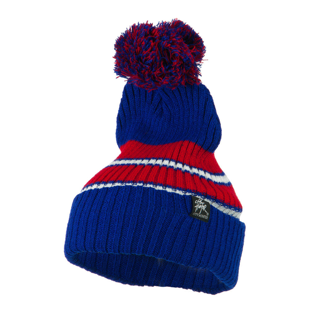 Two Tone Striped Knit Pom Beanie - Royal Red OSFM