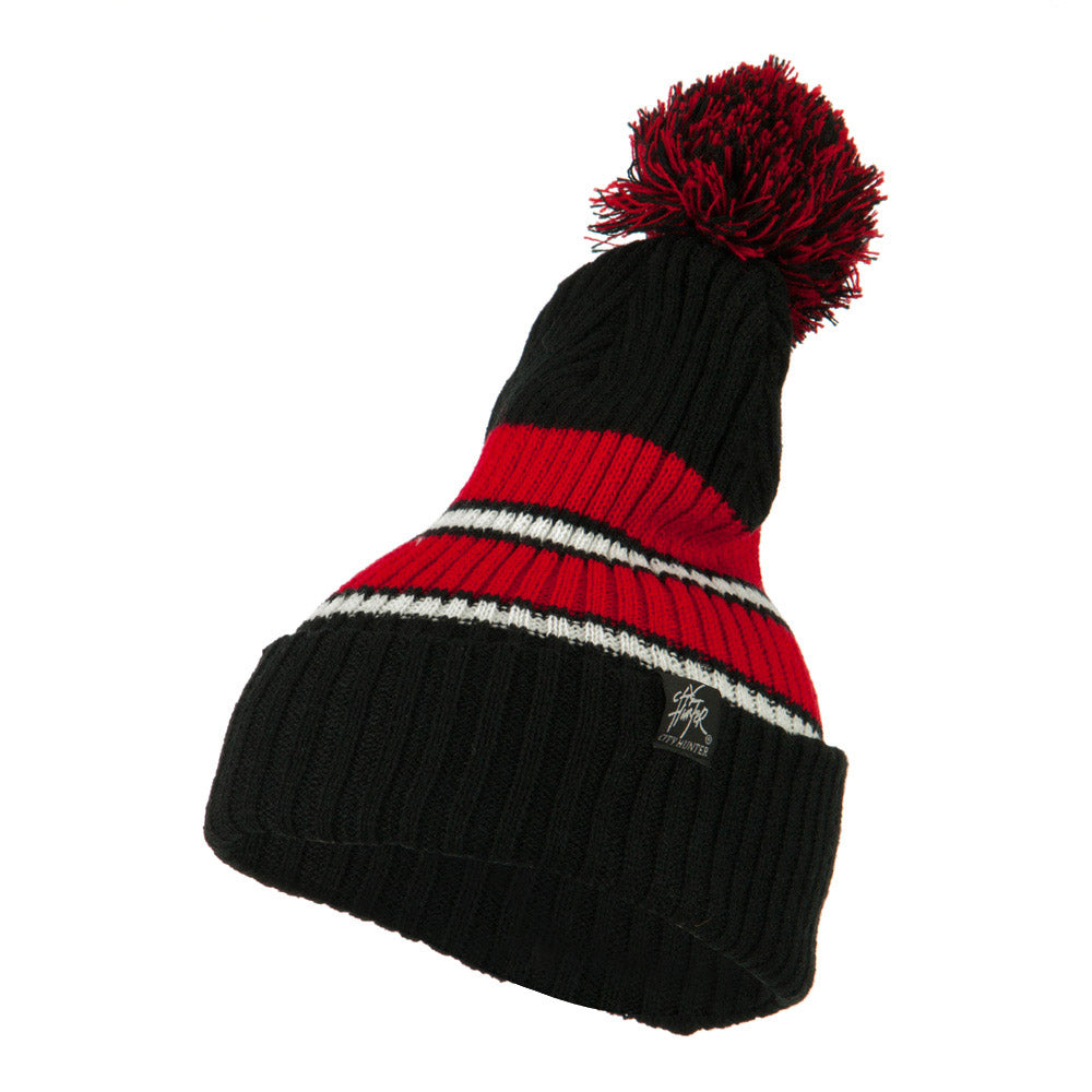 Two Tone Striped Knit Pom Beanie - Black Red OSFM