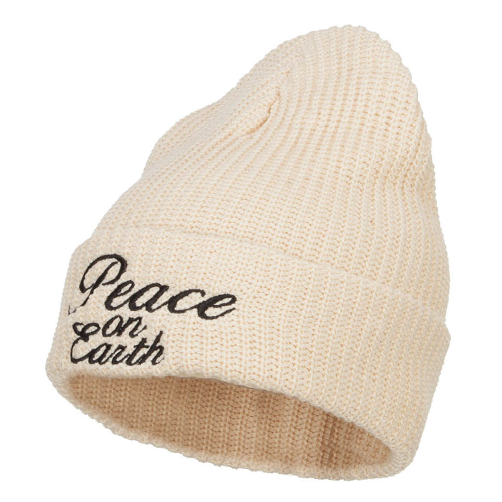 Peace on Earth Embroidered XL Ribbed Beanie - Natural XL