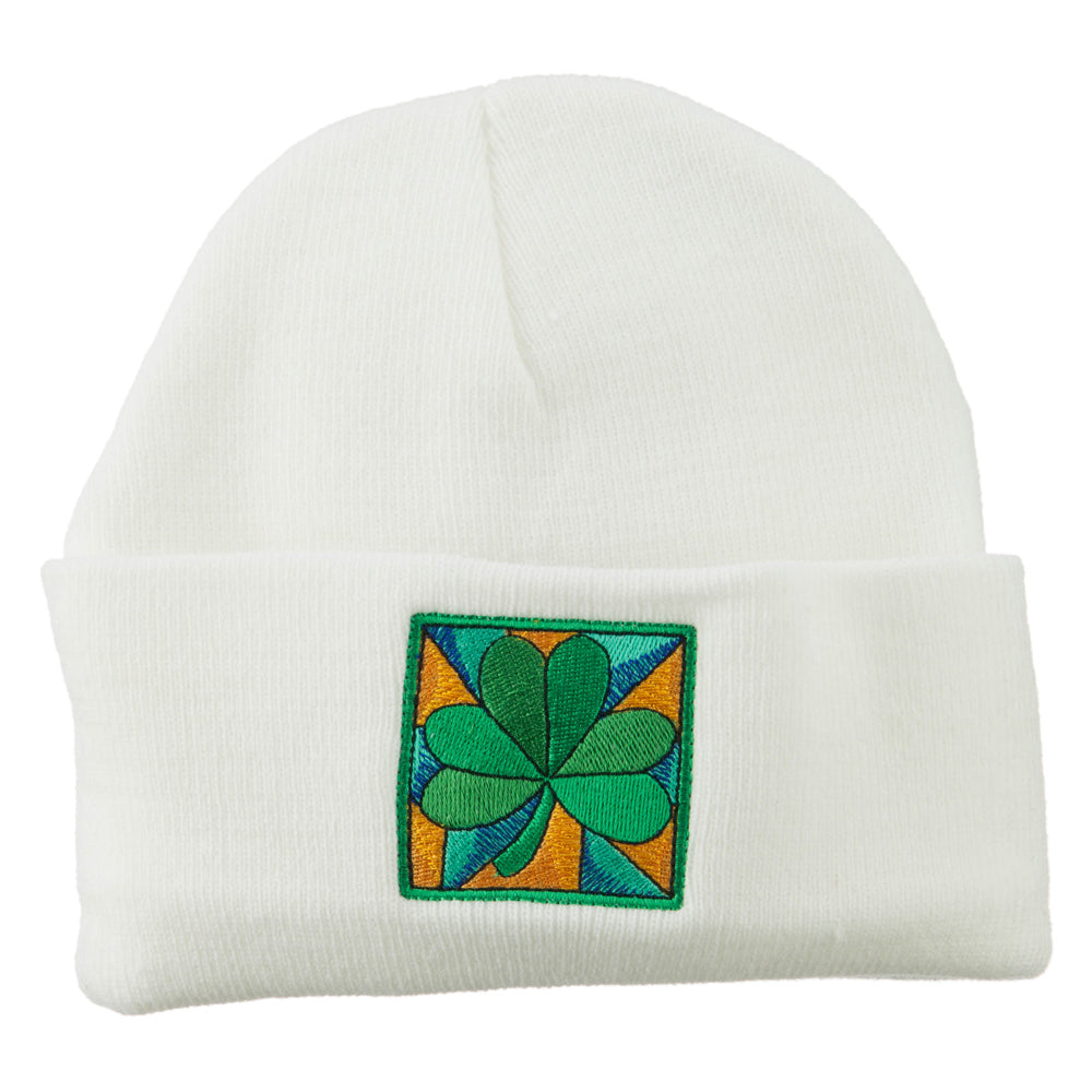 St Patrick&#039;s Day Clover Embroidered Long Beanie - White OSFM