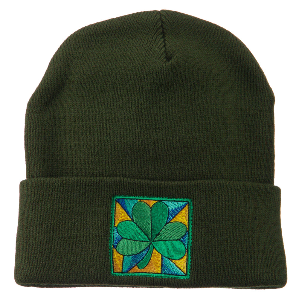 St Patrick&#039;s Day Clover Embroidered Long Beanie - Olive OSFM