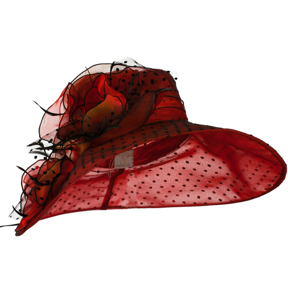 Polka Dot Designed Flower Detailed Organza Hat - Red OSFM