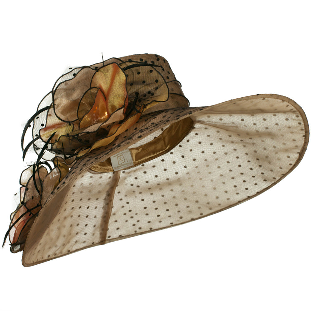 Polka Dot Designed Flower Detailed Organza Hat - Brown OSFM