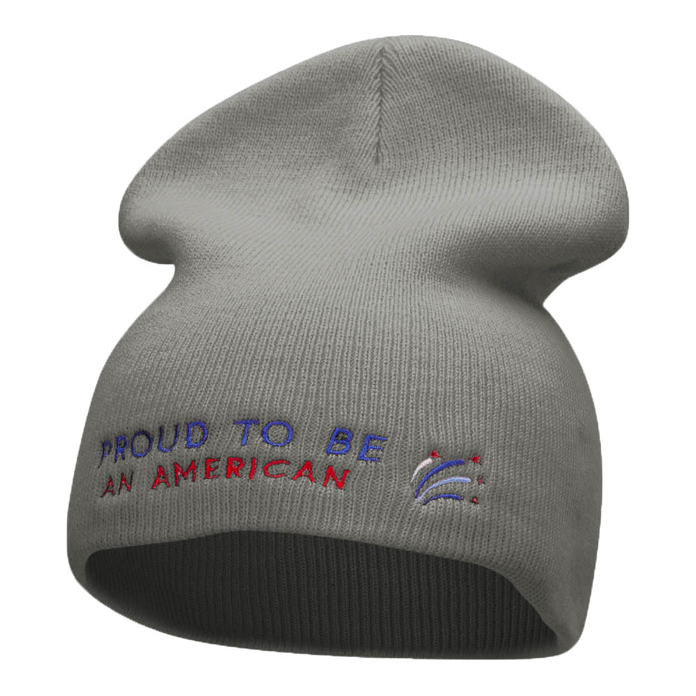 Proud American Phrase Embroidered Short Knitted Beanie - Grey OSFM