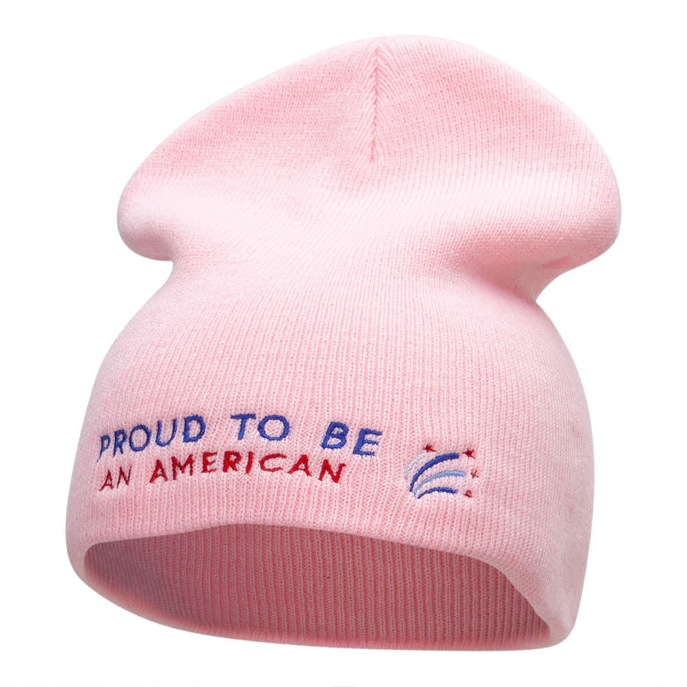 Proud American Phrase Embroidered Short Knitted Beanie - Pink OSFM