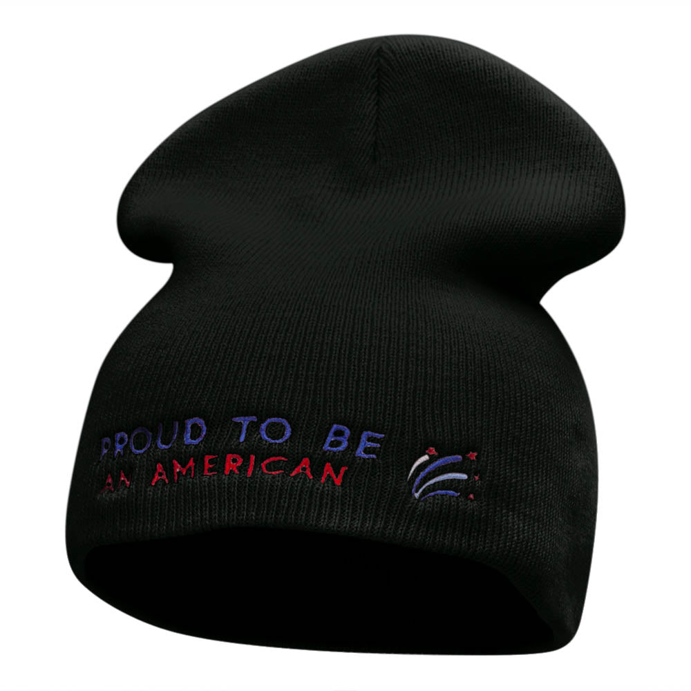 Proud American Phrase Embroidered Short Knitted Beanie - Black OSFM