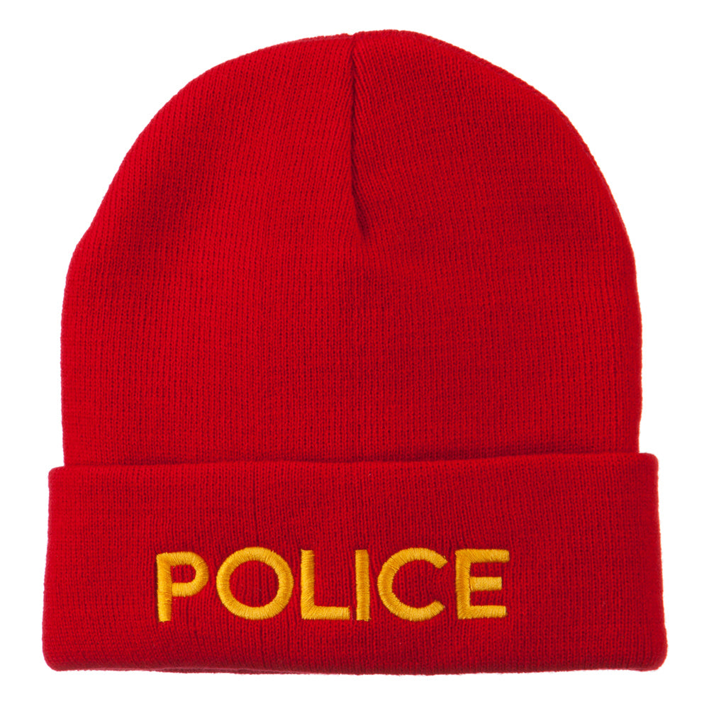 Police Embroidered Long Cuff Beanie - Red OSFM