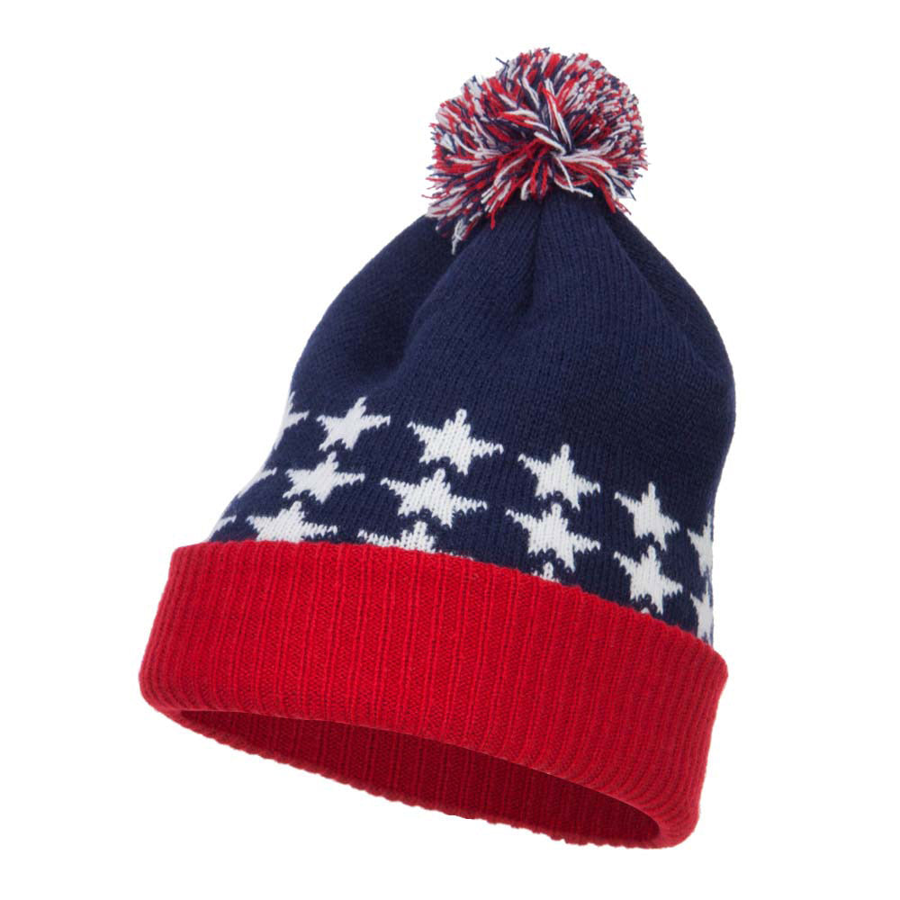 USA Flag Cuffed Pom Beanie - Red Blue OSFM