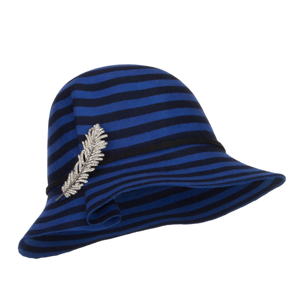 Striped Leaf Pin Floppy Cloche Hat - Blue OSFM