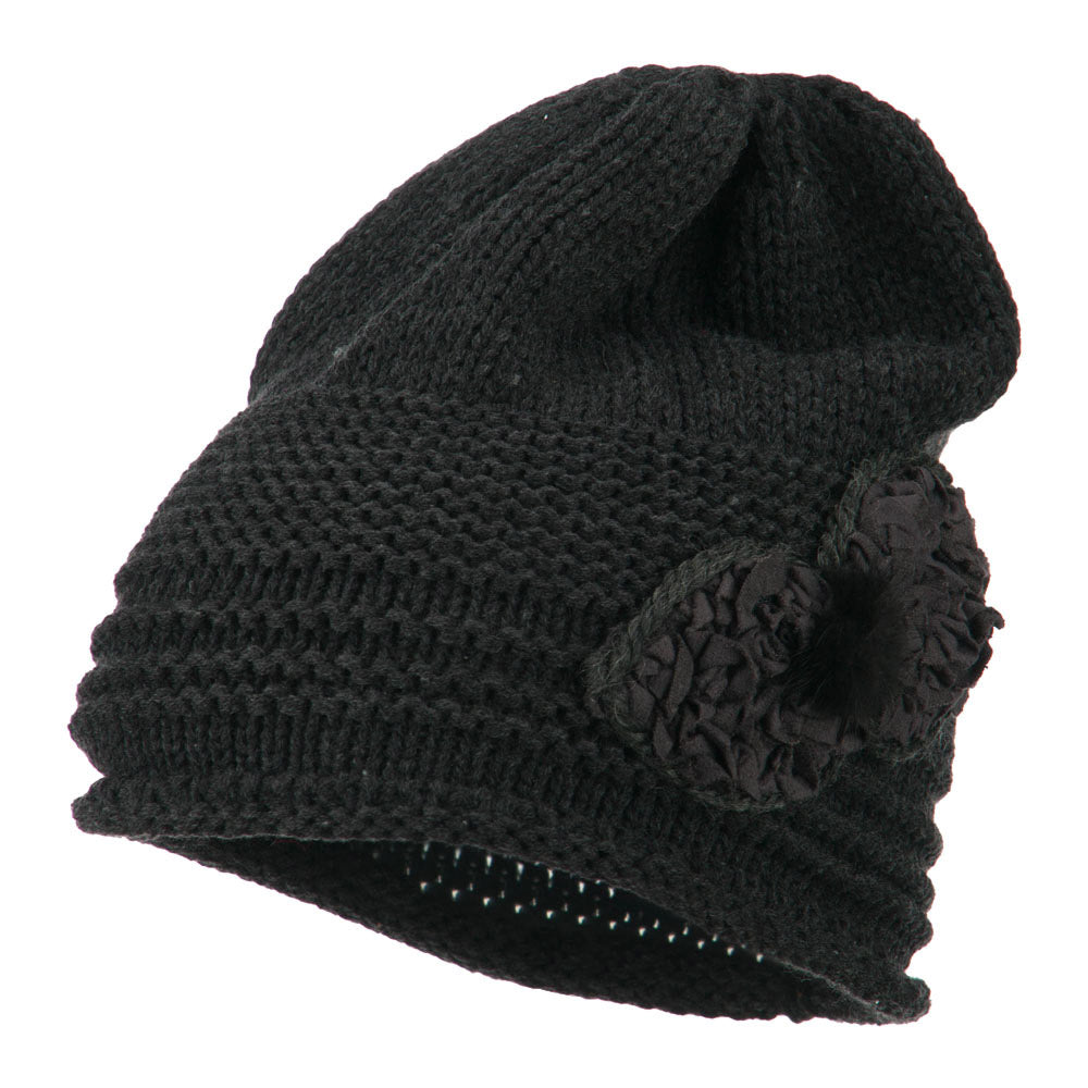 Decoration Feather Pom Rolled Beanie - Charcoal OSFM