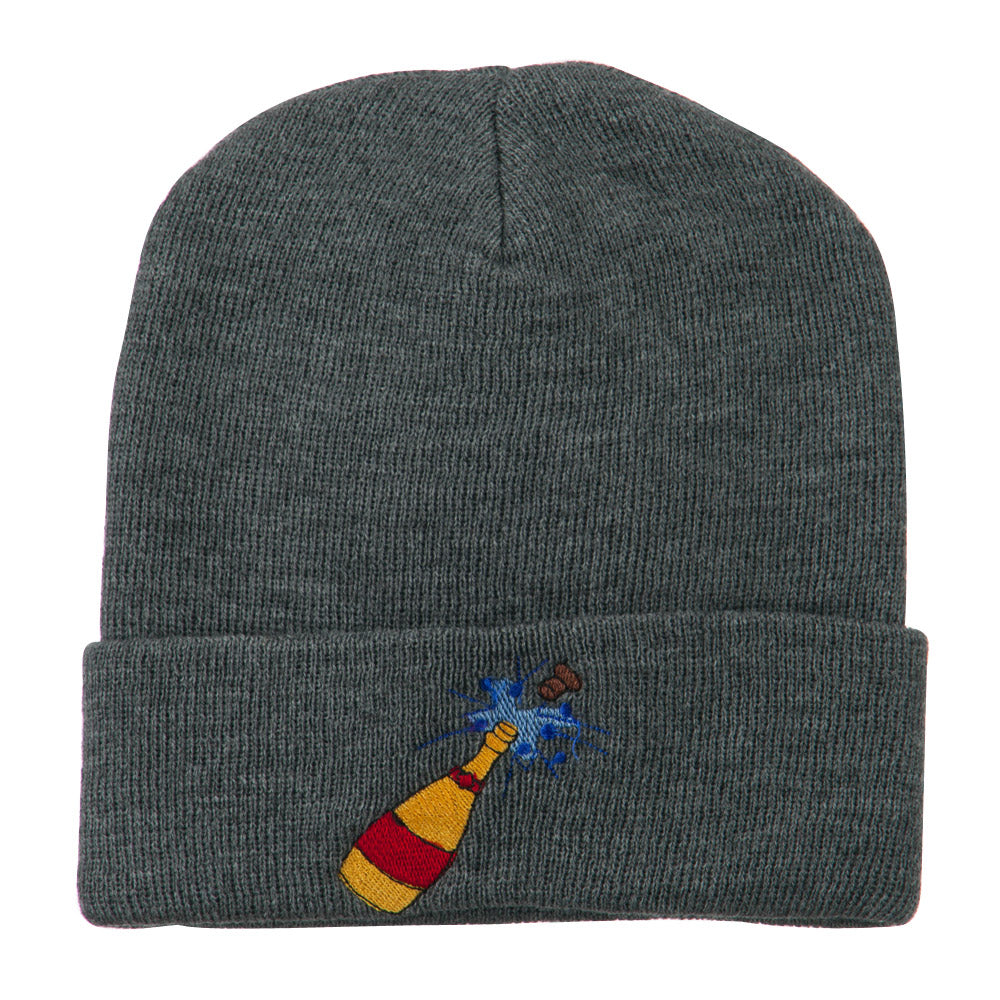 New Year Champagne Bottle Embroidered Beanie - Grey OSFM