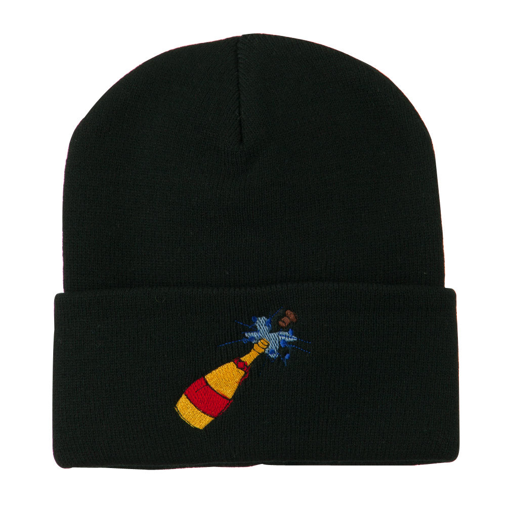New Year Champagne Bottle Embroidered Beanie - Black OSFM