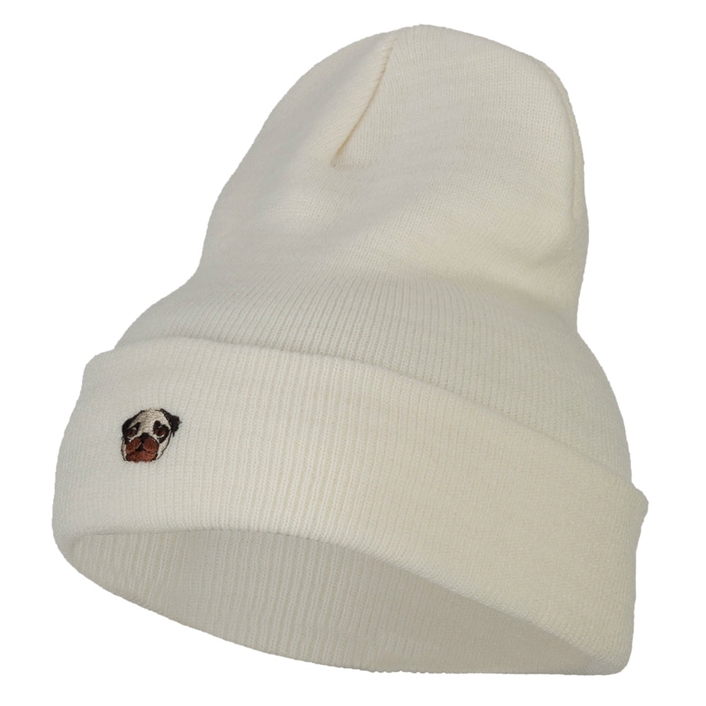 Pug Dog Head Embroidered Long Knitted Beanie - White OSFM