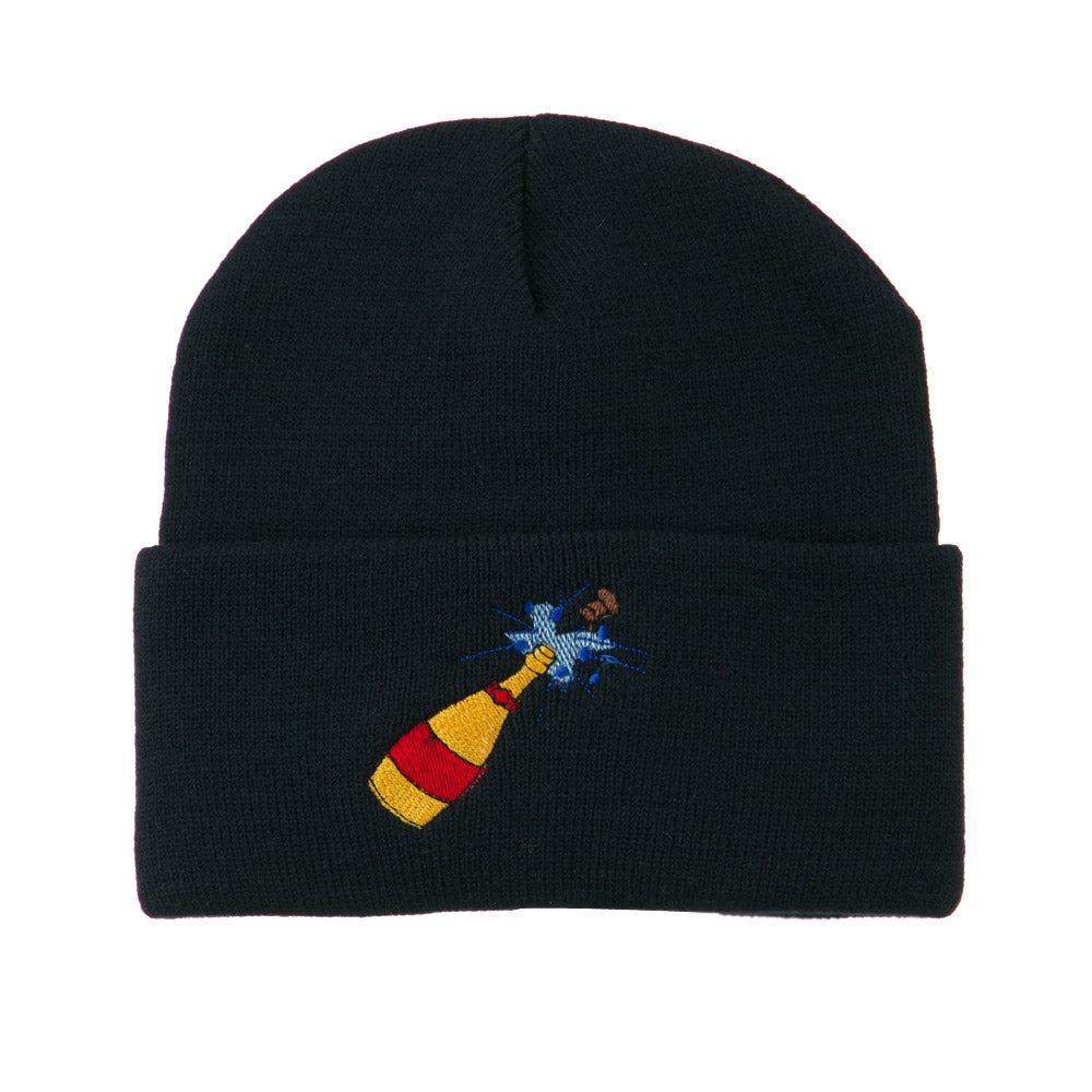 New Year Champagne Bottle Embroidered Beanie - Navy OSFM