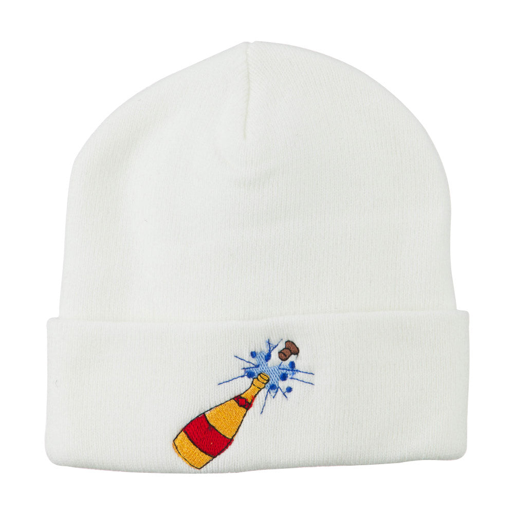 New Year Champagne Bottle Embroidered Beanie - White OSFM