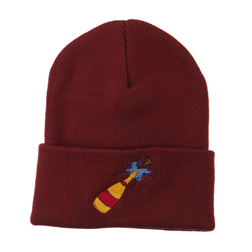New Year Champagne Bottle Embroidered Beanie - Maroon OSFM